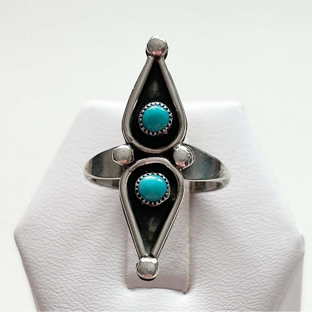 Vintage Southwestern Double Turquoise Snake Eye Sterling Silver Ring - Picture 4 of 10